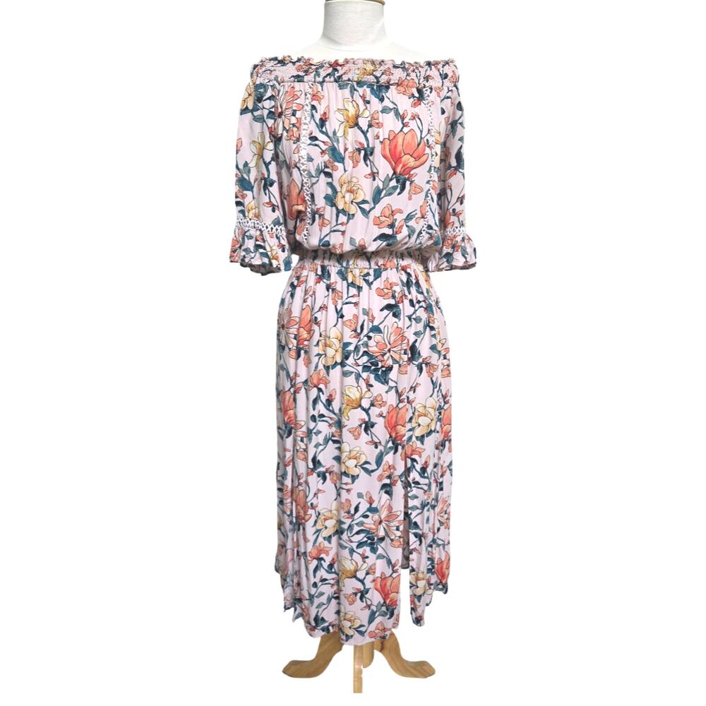 En Creme Floral Midi Dress Small Off Shoulder Boho Cottagecore Prairie Summer